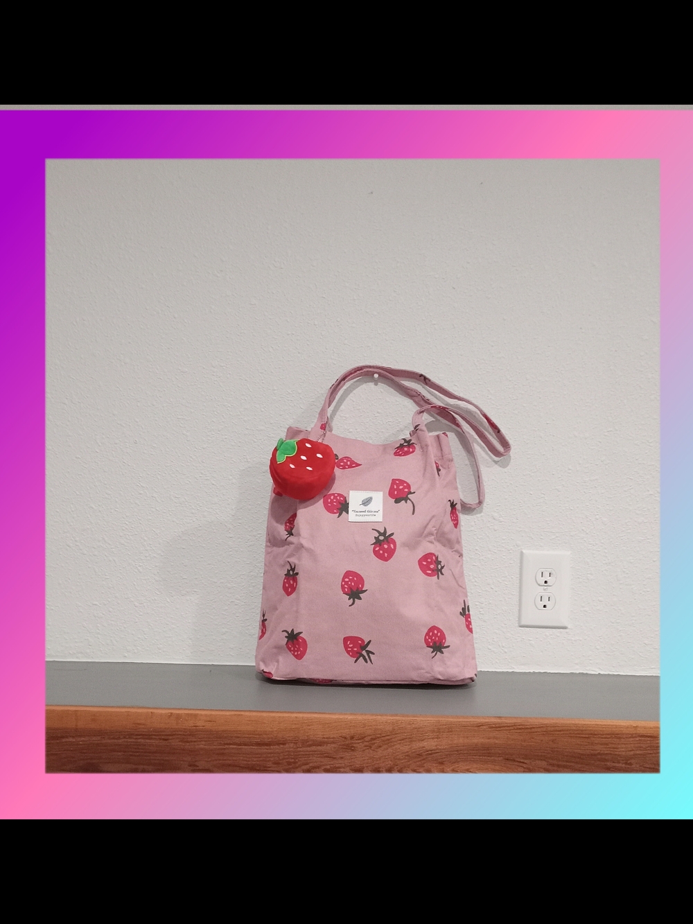 Womens Pink Strawberry Print Tote Bag with Strawberry Charm